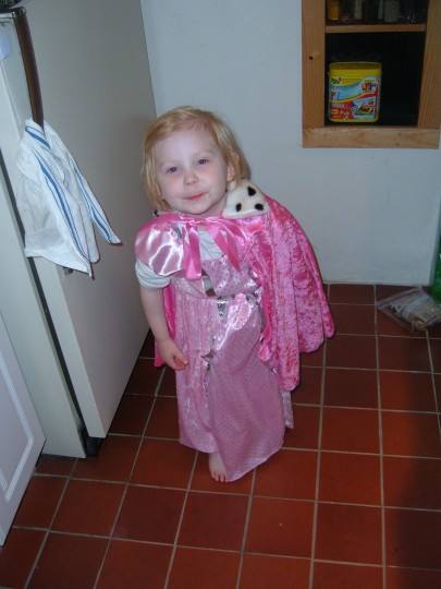 09_sophieasprincess Sophie May 2005 -- 2 1/2 years old. She has a big box of dress up clothes but somehow she thought they were for everyday wear.